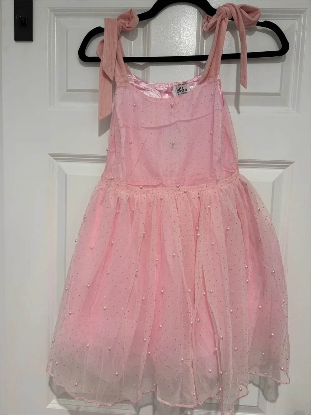 Lola + The Boys Pink Crystal Pearl Tule Tan Dress in Pink